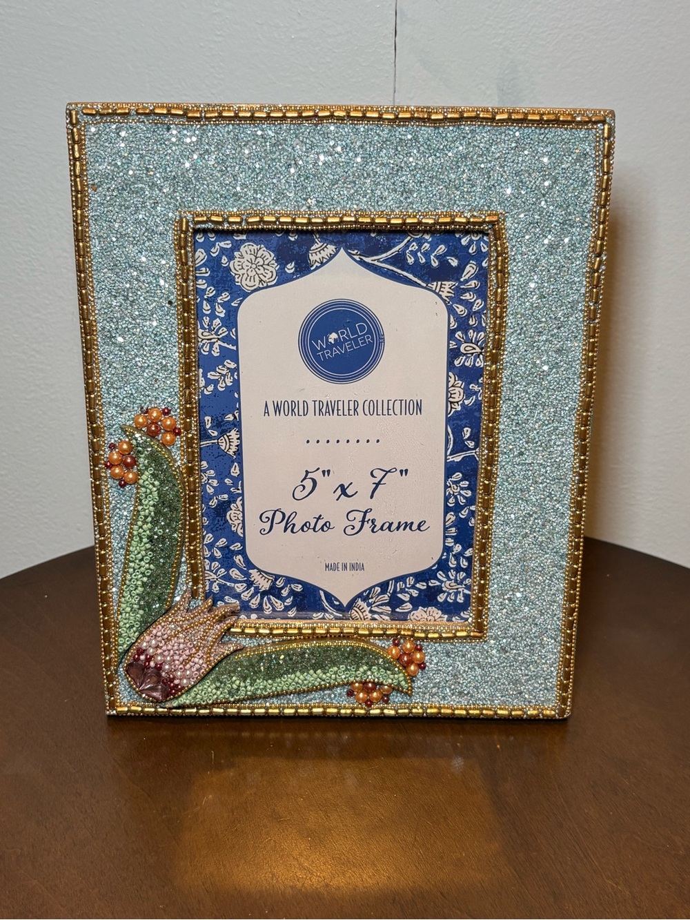 Cost Plus World Market Light Blue and Gold Beaded Photo Frame